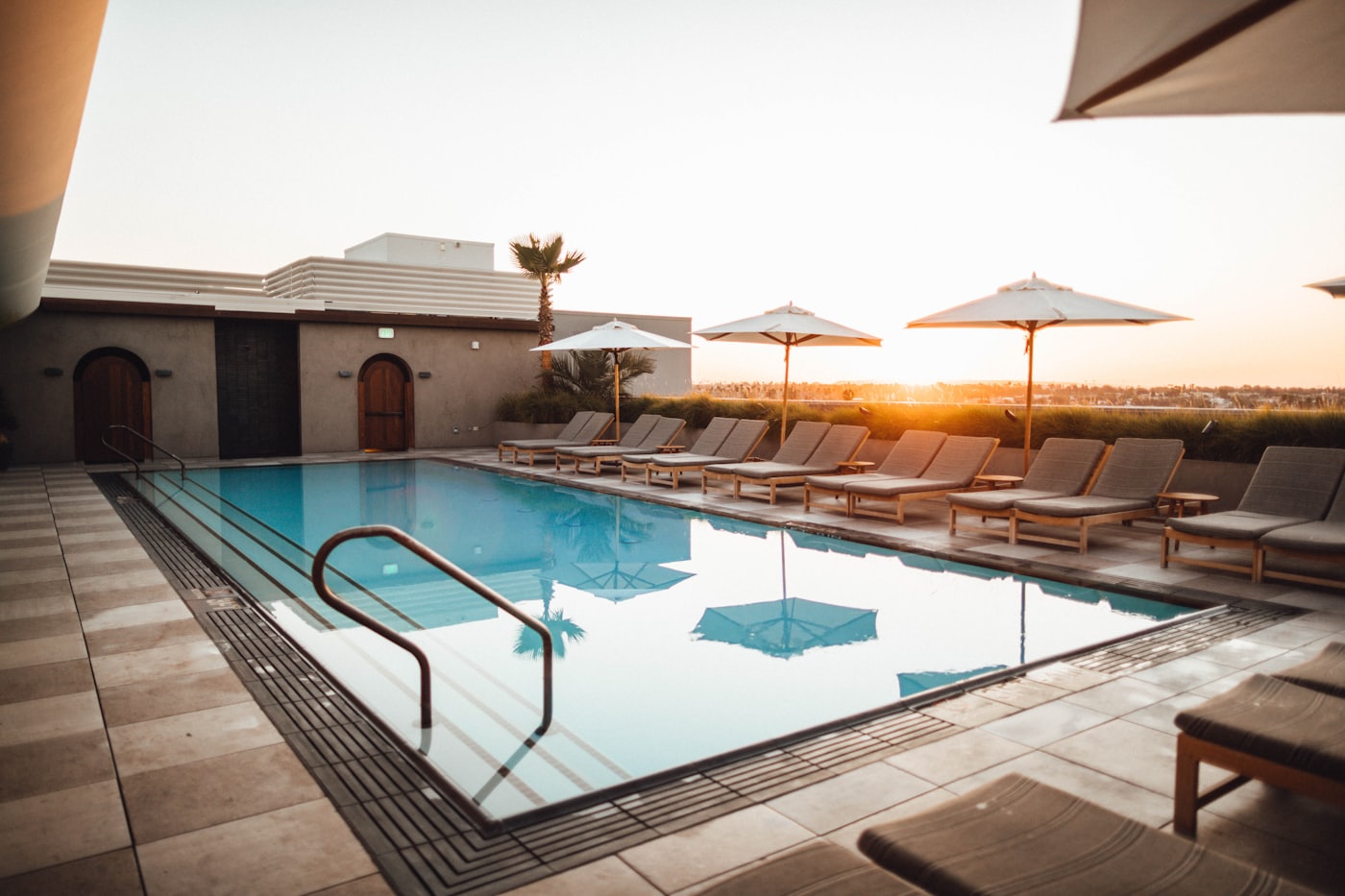 Resort-style pool at golden hour